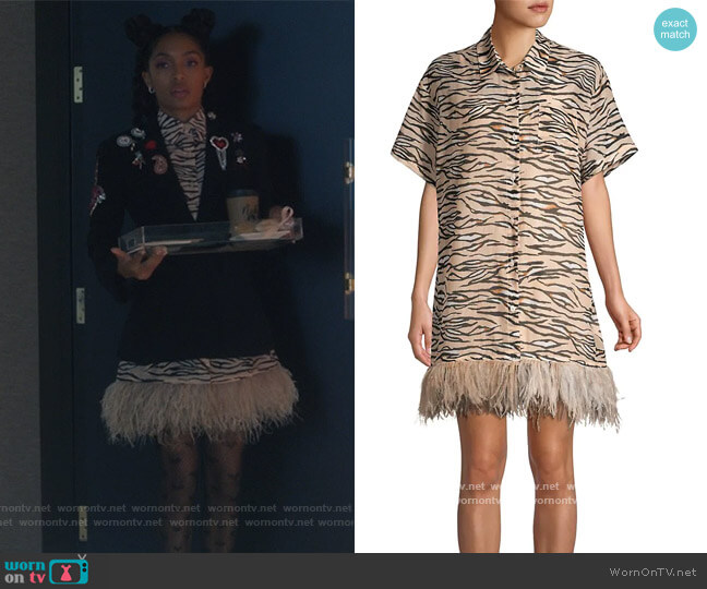 Le Superbe Club Tropicana Feather-trimmed Tiger Shirtdress worn by Zoey Johnson (Yara Shahidi) on Grown-ish
