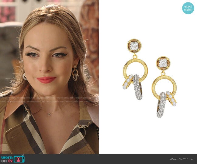 Demarson Gemma 12K Goldplated, Swarovski Crystal & Faux Pearl Charm Drop-Hoop Earrings worn by Fallon Carrington (Elizabeth Gillies) on Dynasty