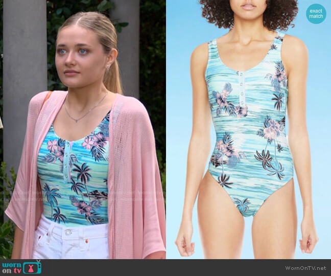 Decree Button Front Womens Floral One Piece Swimsuit worn by Faith Newman (Reylynn Caster) on The Young and the Restless