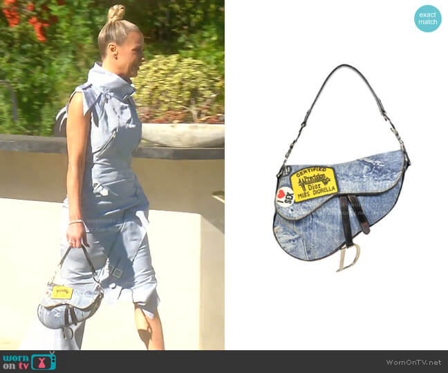 Dior Faded Blue Printed Denim Miss Diorella Saddle Bag worn by Dorit Kemsley on The Real Housewives of Beverly Hills