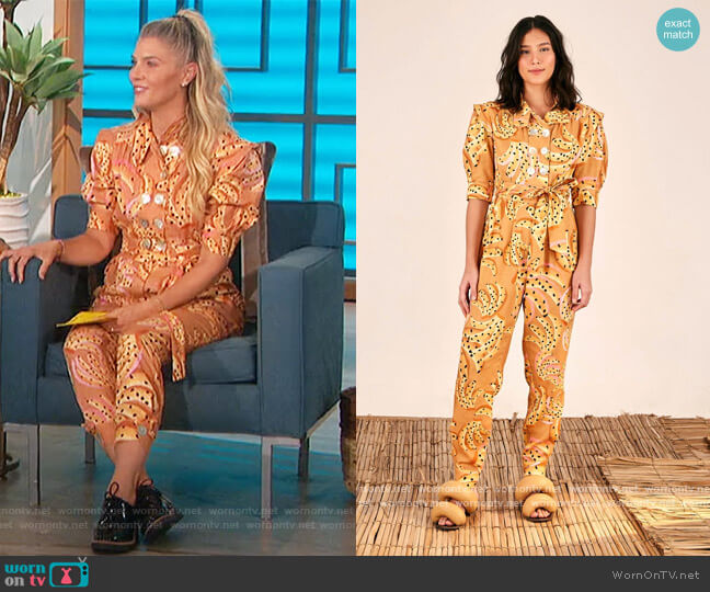 Farm Rio Caramel Raining Bananas Puff Sleeves Jumpsuit worn by Amanda Kloots on The Talk