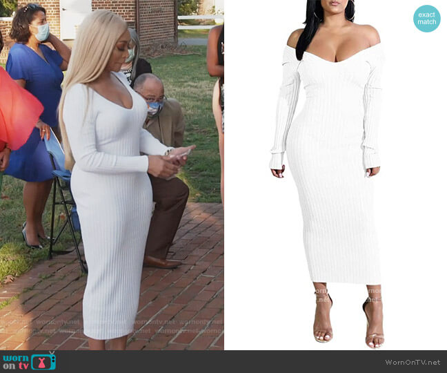 Forlisea Off Shoulder Knit Sweater Dress worn by Karen Huger on The Real Housewives of Potomac