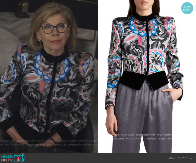 Giorgio Armani Velvet Contrast Camo & Floral Jacket worn by Diane Lockhart (Christine Baranski) on The Good Fight