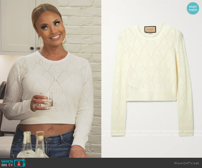 Gucci Cropped pointelle-knit wool sweater worn by Gizelle Bryant on The Real Housewives of Potomac