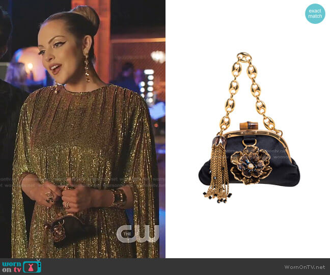 Gucci Satin Flower Embellished Bamboo Lock Mini Clutch worn by Fallon Carrington (Elizabeth Gillies) on Dynasty