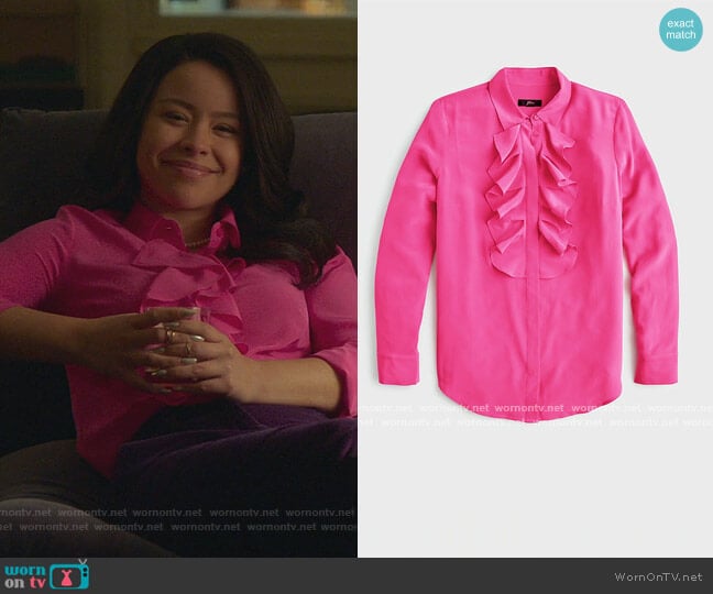 J. Crew Collection ruffle-front blouse in Re-Imagined Silk worn by Mariana Foster (Cierra Ramirez) on Good Trouble