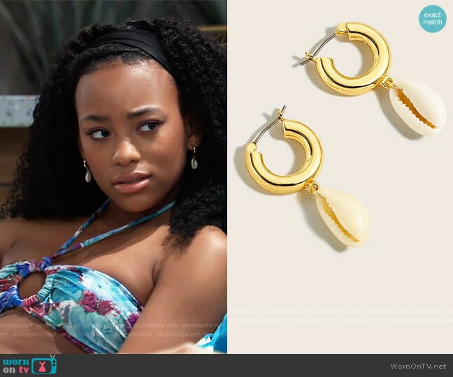 J. Crew Cowrie shell drop huggie hoop earrings worn by Trina (Sydney Mikayla) on General Hospital