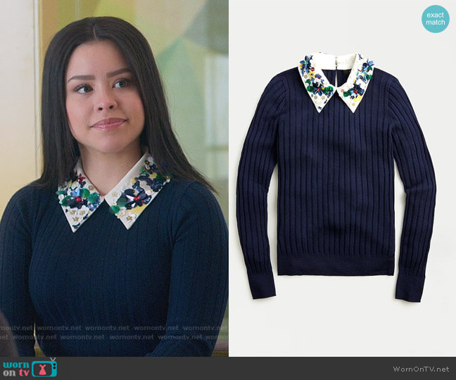 J. Crew Limited-edition ribbed Tippi sweater with embellished collar worn by Mariana Foster (Cierra Ramirez) on Good Trouble