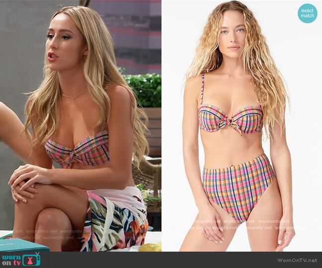 J. Crew Tie-front underwire bikini top in electric plaid worn by Josslyn Jacks (Eden McCoy) on General Hospital