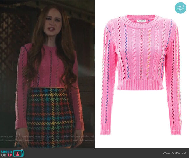 JW Anderson Cropped darning crewneck jumper worn by Cheryl Blossom (Madelaine Petsch) on Riverdale