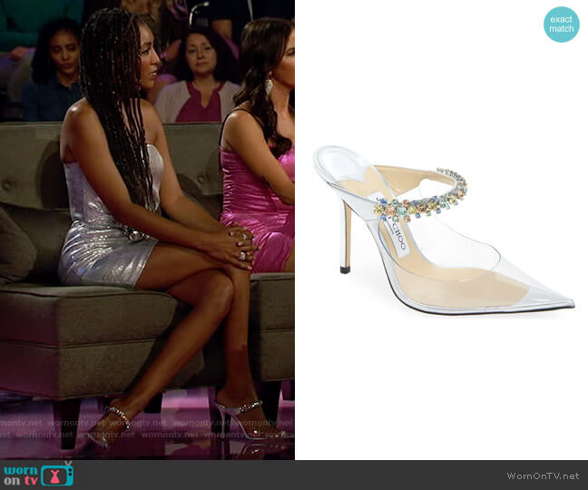 Jimmy Choo Bing Crystal Embellished Clear Mule worn by Tayshia Adams on The Bachelorette