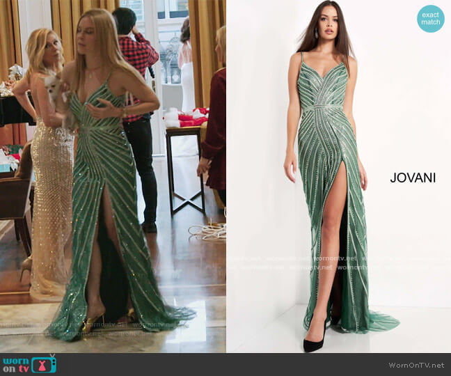 Jovani Green High Slit Embellished Evening Dress worn by Leah McSweeney on The Real Housewives of New York City