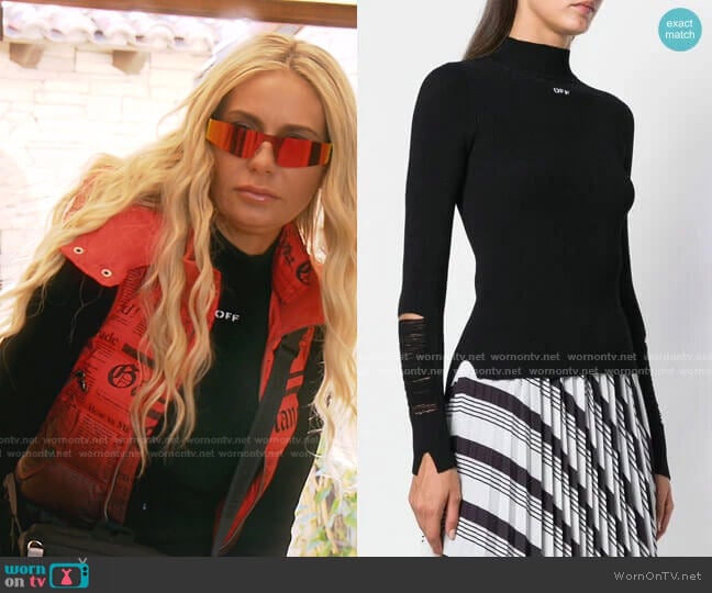 Off-White Laddered Ribbed Mock Neck Top worn by Dorit Kemsley on The Real Housewives of Beverly Hills