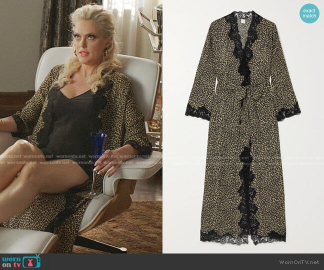 Loretta Caponi Greta Lace-Trimmed Leopard-Print Silk-Georgette Robe worn by Alexis Carrington (Elaine Hendrix) on Dynasty