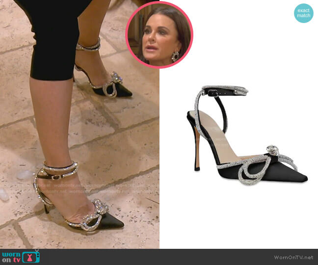 Mach & Mach Double Bow Silk Satin Pumps worn by Kyle Richards on The Real Housewives of Beverly Hills