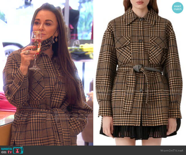 Maje Gavino Plaid Belted Coat worn by Kyle Richards on The Real Housewives of Beverly Hills