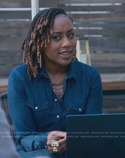 Malika’s denim western shirt on Good Trouble