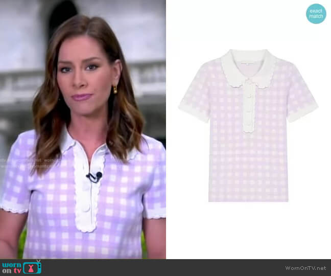 Maje Micro Checked Knit Polo worn by Rebecca Jarvis on Good Morning America