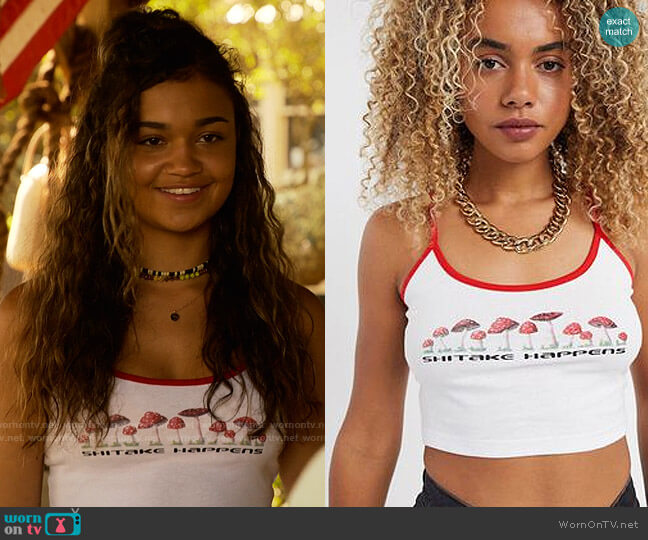New Girl Order Cropped Cami with Shitake Happens Graphic worn by Kiara Carrera (Madison Bailey) on Outer Banks