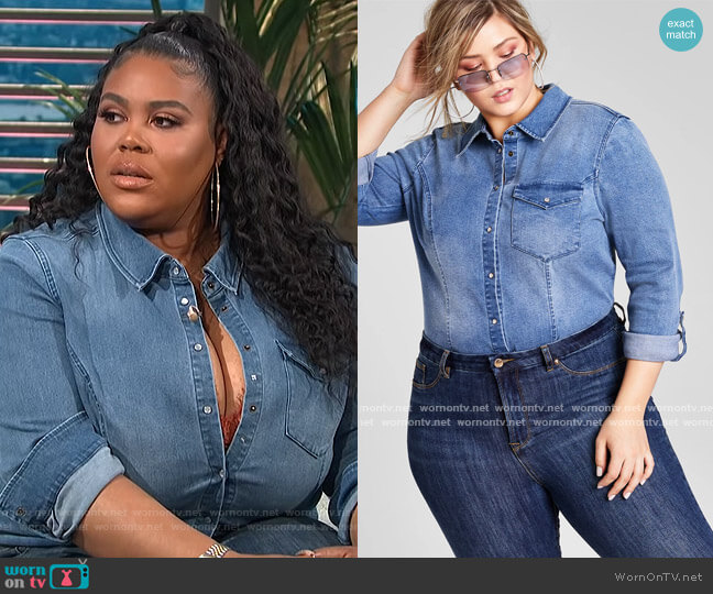 Nina Parker Trendy Plus Size Denim Shirt Bodysuit worn by Nina Parker on E! News