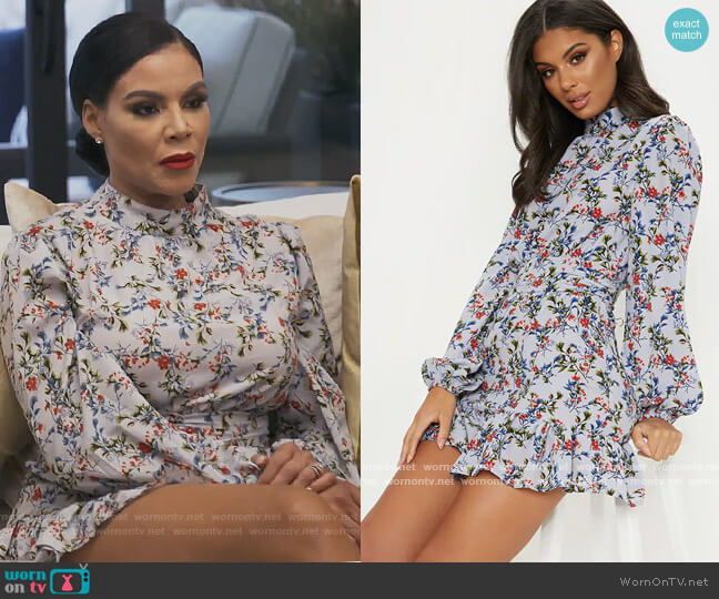 Pretty Little Thing Dusty Blue Floral High Neck Shift Dress worn by Mia Thornton on The Real Housewives of Potomac