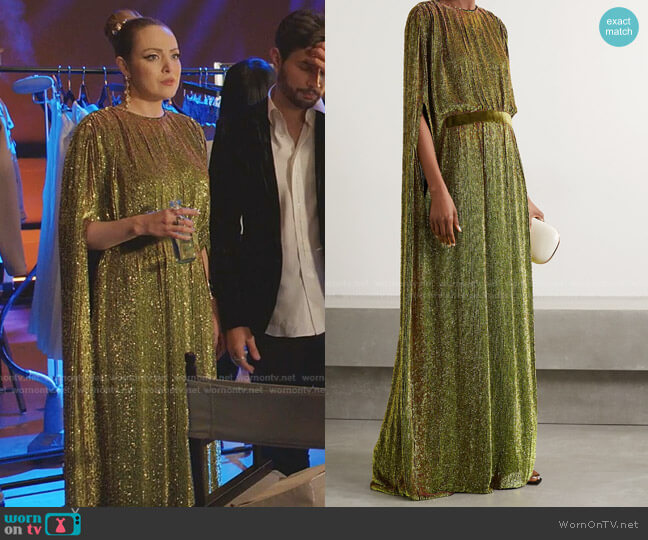 Reem Acra Cape-Effect Velvet-Trimmed Sequined Chiffon Gown worn by Fallon Carrington (Elizabeth Gillies) on Dynasty