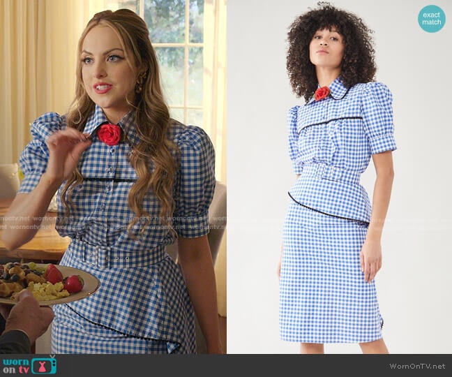 Rodarte Gingham Puff Sleeve Blouse with Lace Trim worn by Fallon Carrington (Elizabeth Gillies) on Dynasty