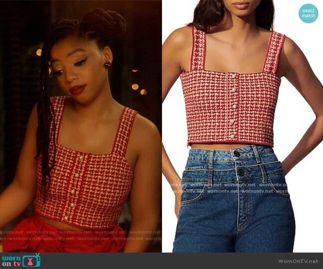 Sandro Daniella Tweed Crop Top worn by Jazlyn Forster (Chloe Bailey) on Grown-ish