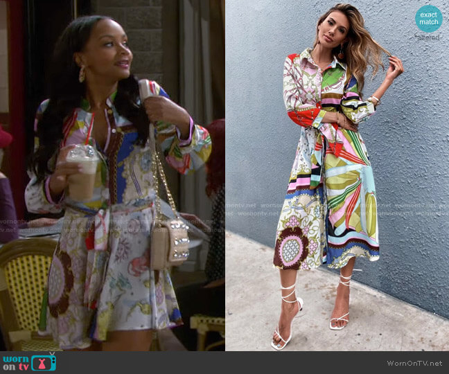 Shein Chain And Scarf Print Belted Shirt Dress worn by Chanel Dupree (Raven Bowens) on Days of our Lives