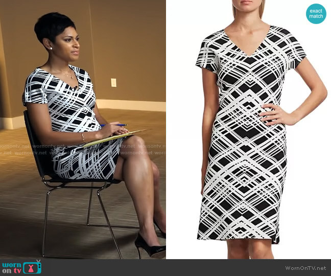 St John Architectural Grid Jacquard Knit V-Neck A-Line Dress worn by Jericka Duncan on CBS Mornings