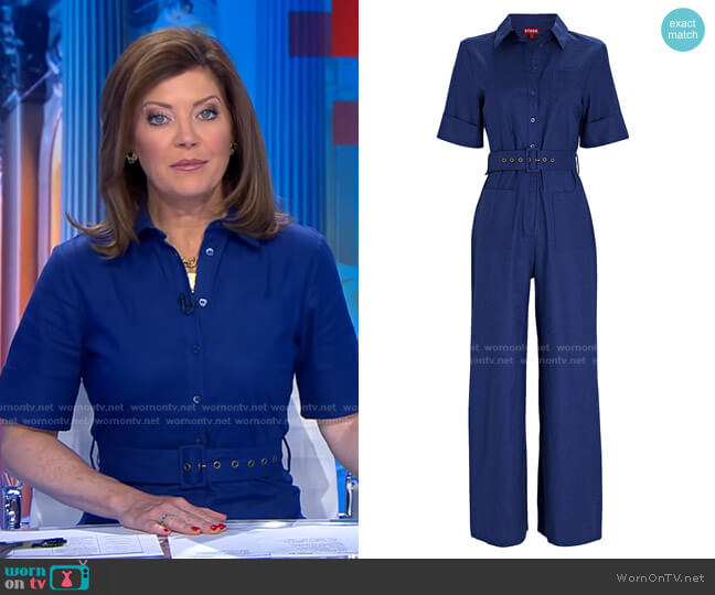 Staud Zavey Belted Linen-Blend Jumpsuit worn by Norah O'Donnell on CBS Evening News