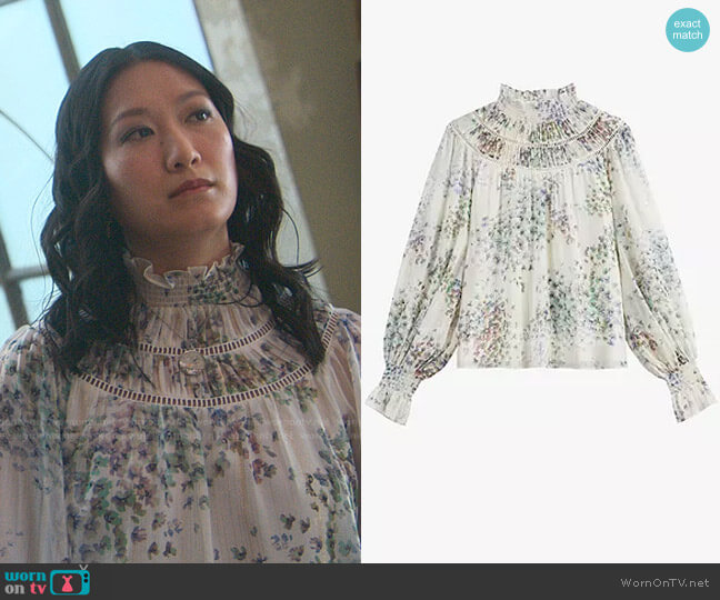 Ted Baker Floral Print Gathered Neck Top worn by Sumi (Kara Wang) on Good Trouble