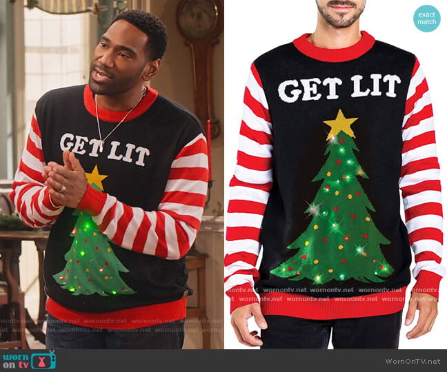 Tipsy Elves Light up Christmas Sweater worn by Moz McKellan (Anthony Alabi) on Family Reunion