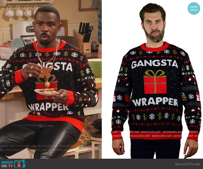Tstars Ugly Christmas Sweater Festive Embellished Holiday Sweater worn by Daniel (Warren Burke) on Family Reunion