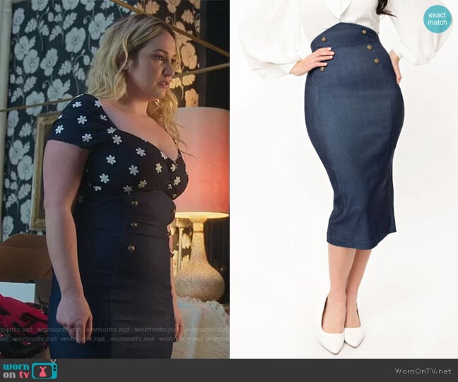 Unique Vintage Denim Blue Sailor High Waist Sierra Pencil Skirt worn by Davia (Emma Hunton) on Good Trouble