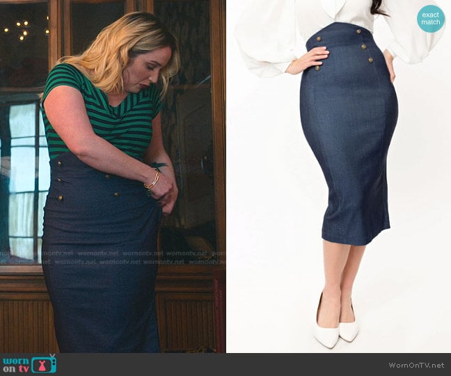 Unique Vintage Denim Blue Sailor High Waist Sierra Pencil Skirt worn by Davia (Emma Hunton) on Good Trouble