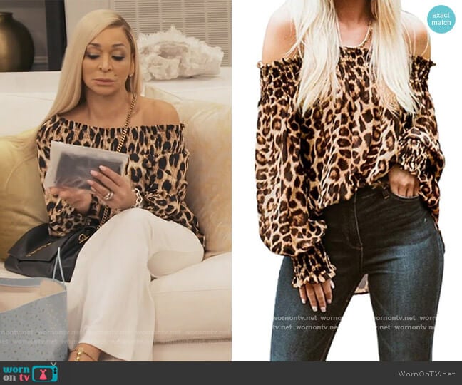 Zanzea Leopard Off Shoulder Top worn by Karen Huger on The Real Housewives of Potomac
