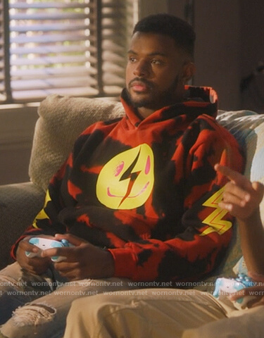 Aaron’s red tie dye smiley hoodie on Grown-ish