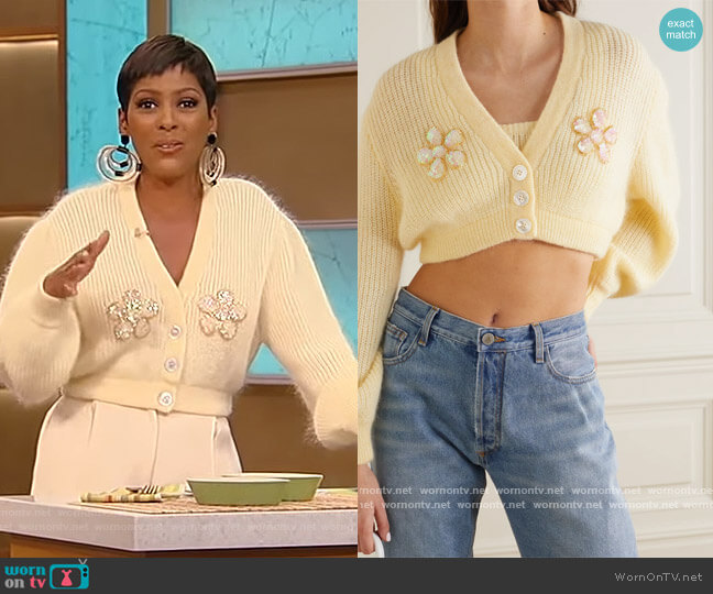 Alessandra Rich Cropped embellished mohair-blend cardigan worn by Tamron Hall on Tamron Hall Show
