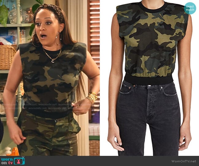 Alice + Olivia Kendrick Strong Shoulder Top worn by Cocoa McKellan (Tia Mowry-Hardrict) on Family Reunion