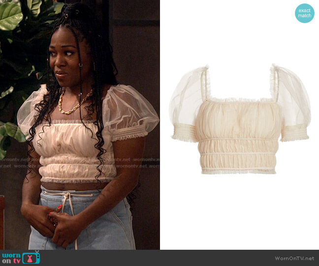 Alice + Olivia Ashlyn Shirred Cropped Top worn by Harper (Laci Mosley) on iCarly