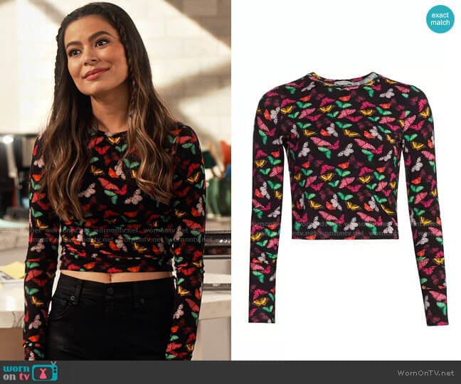 Alice + Olivia Delaina Butterfly Crop Top worn by Carly Shay (Miranda Cosgrove) on iCarly