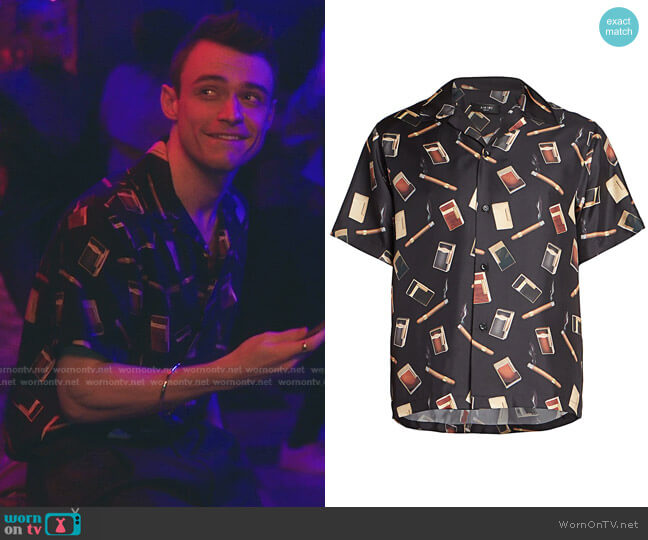 Amiri Dupont Falling Cigarette-Print Silk Short-Sleeve Shirt worn by Maximus Wolfe (Thomas Doherty) on Gossip Girl