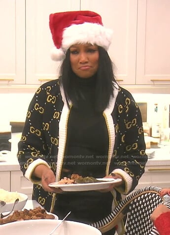 Garcelle’s black and gold GG print cardigan on The Real Housewives of Beverly Hills