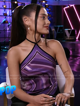 Ariana Grande’s purple printed halter top on E! News Daily Pop