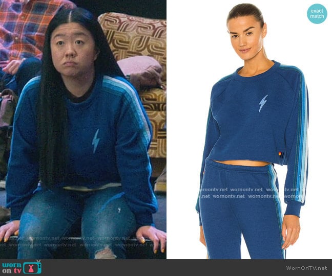 Aviator Nation Bolt Embroidery Cropped Classic Sweatshirt worn by Alice Kwan (Sherry Cola) on Good Trouble