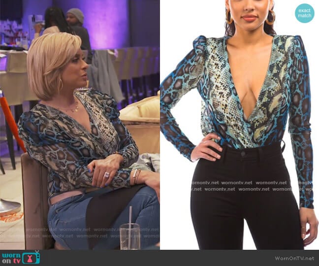Baharanch Western Wear Plunging Neck Line Blue Snake Print Bodysuit worn by Robyn Dixon on The Real Housewives of Potomac