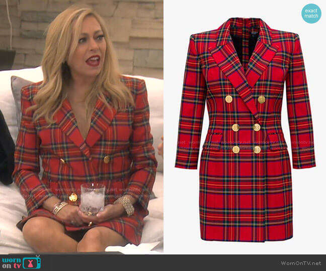 Balmain Double-Breasted Wool-Blend Tartan Mini Dress worn by Sutton Stracke on The Real Housewives of Beverly Hills