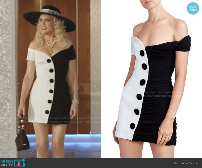 Balmain Off-The-Shoulder Draped Two-Tone Dress worn by Alexis Carrington (Elaine Hendrix) on Dynasty