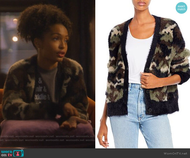 Bella Dahl Camo Cardigan Sweater worn by Zoey Johnson (Yara Shahidi) on Grown-ish